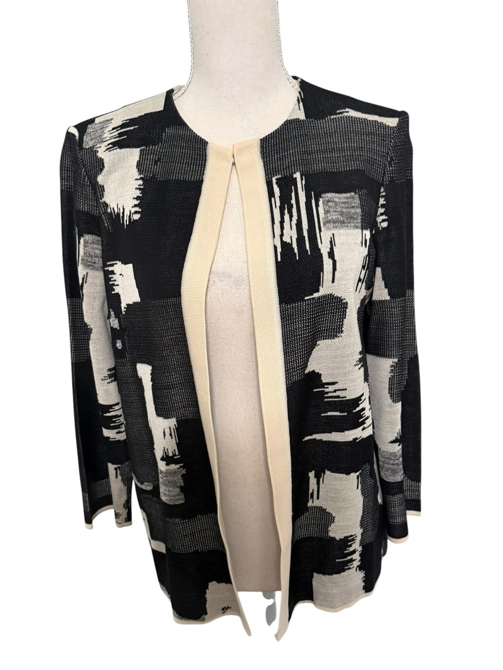 Misook Women Black Ivory Abstract Geometric Knit Open Front Cardigan Jacket S